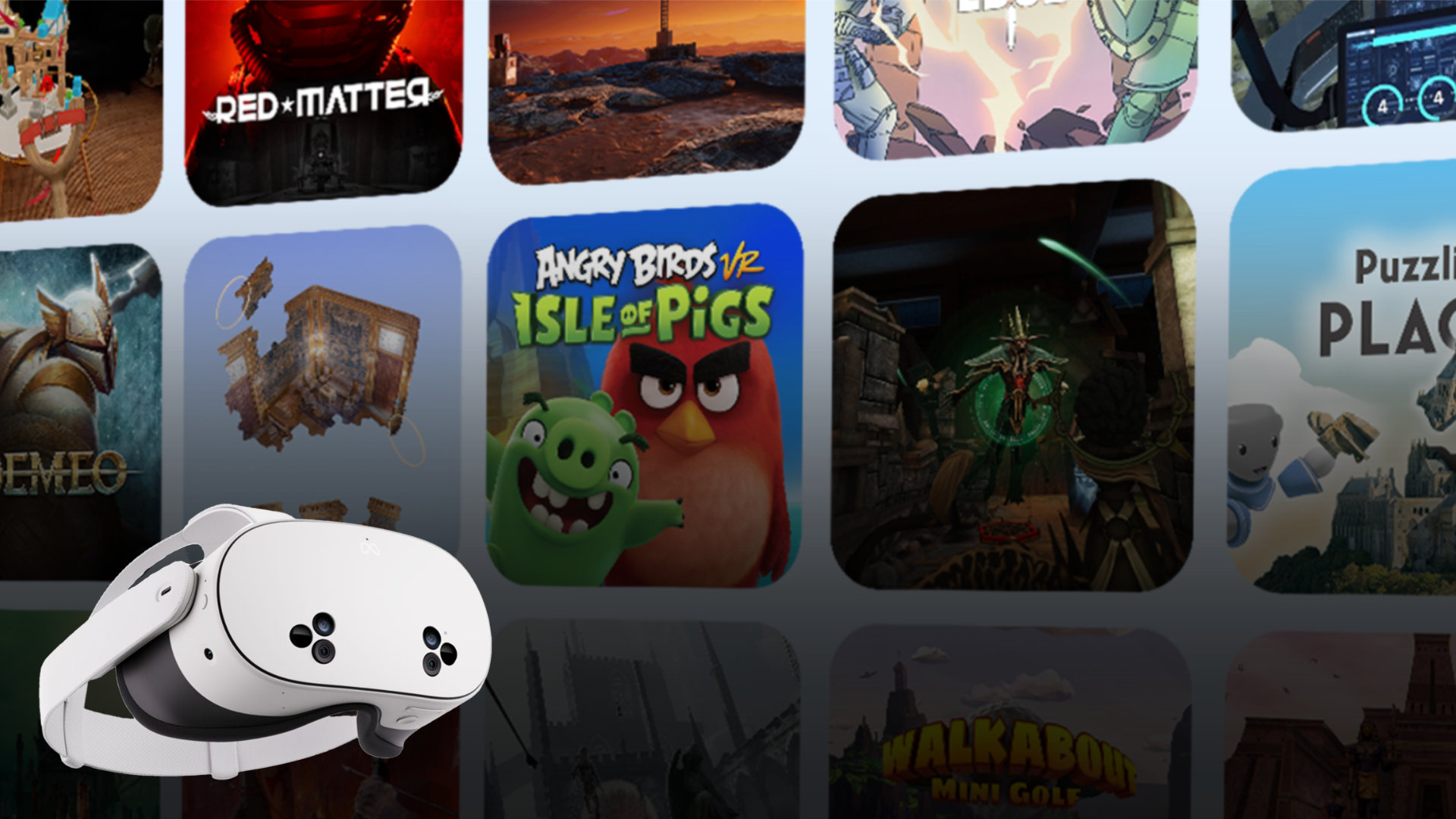 A Meta Quest 3S VR headset. In the background, several cover images of VR games included in the Meta Horizon+ subscription are shown against a bright backdrop.
