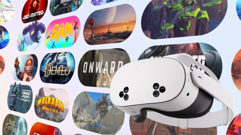 Eine Meta Quest 3S VR-Brille. Im Hintergrund mehrere Titelbilder von VR-Spielen im Meta Horizon+ Abo auf hellem Hintergrund.