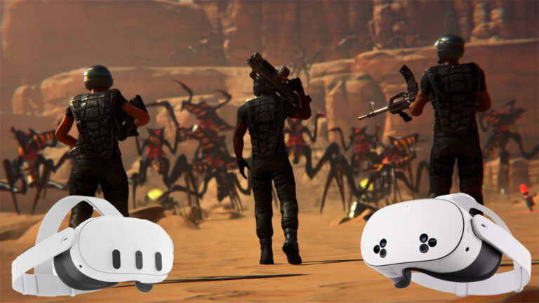 Drei Starship Troopers marschieren auf eine Horde Bugs zu.