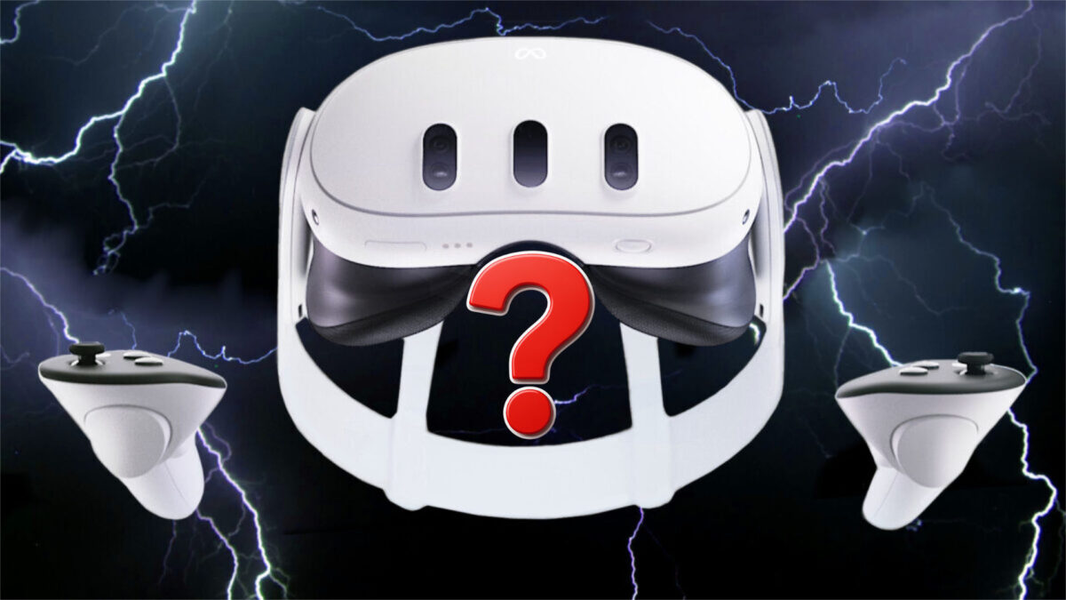 Meta-Quest-VR-Headset mit Controllern vor Blitz-Hintergrund und Fragezeichen.