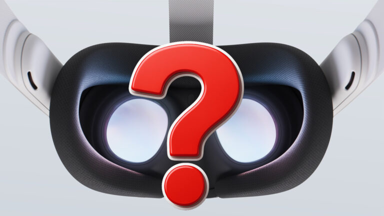Der Blick auf die Linsen einer VR-Brille. In der Mitte ist ein großes rotes Fragezeichen zu sehen.