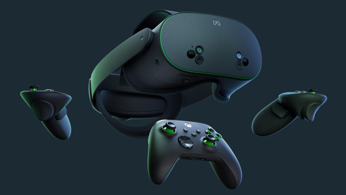 Eine Meta Quest 3S mit zwei VR-Controllern und einem Gamepad im Xbox-Design (schwarz-grün).