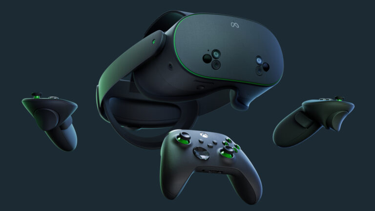 Eine Meta Quest 3S mit zwei VR-Controllern und einem Gamepad im Xbox-Design (schwarz-grün).