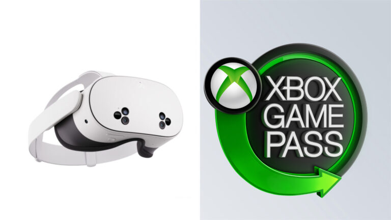 Links eine weiße Meta Quest 3S VR-Brille, rechts das Xbox Game Pass-Logo.