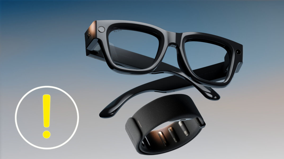 A black pair of smart glasses with a wristband on a blue-and-white background.