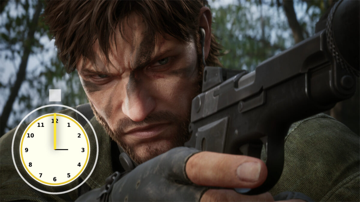 A man with a furious look aims a pistol. Behind him, a forest looms; beside him, a stopwatch ticks.