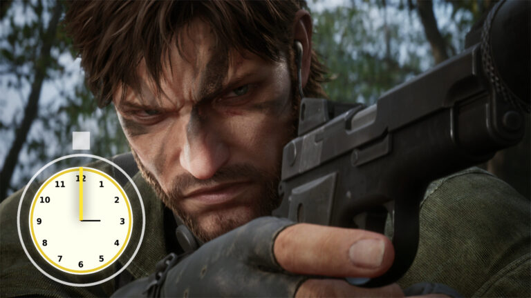 A man with a furious look aims a pistol. Behind him, a forest looms; beside him, a stopwatch ticks.
