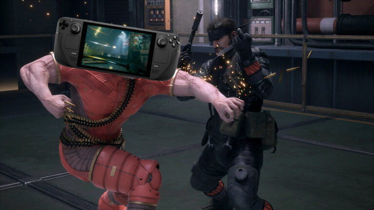 Two soldiers face off. One wields a knife and pistol, the other grips a Steam Deck.