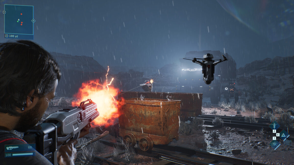 Eine Spielszene aus MindsEye zeigt, wie der Protagonist ein Maschinengewehr auf eine Drone abfeuert.