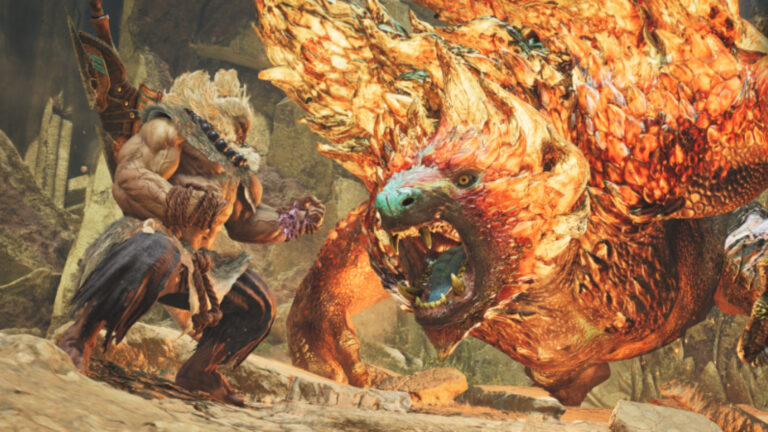 Ein Kämpfer aus Street Fighter 6, der gegen ein Monster aus Monster Hunter Wilds kämpft.