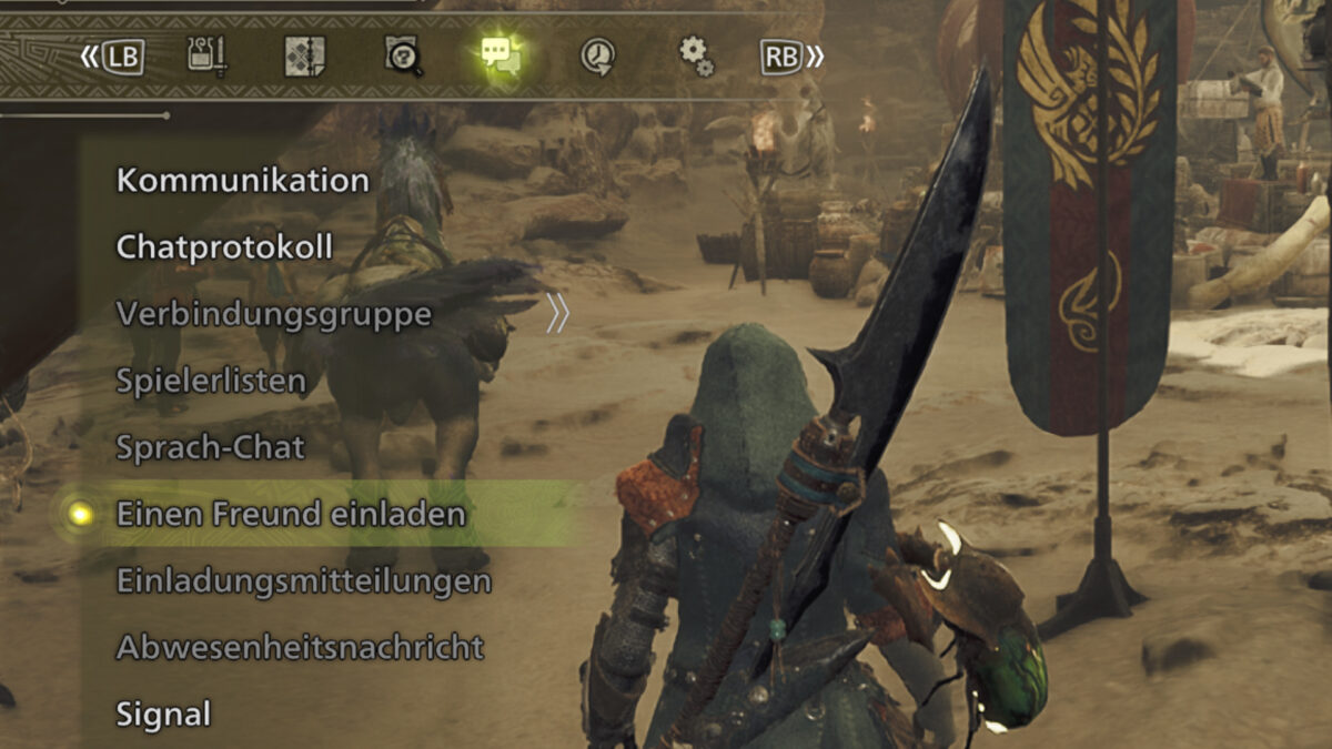 Spielmenü in Monster Hunter Wilds, das die Option "Freunde einladen" zeigt.