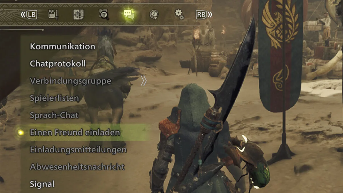 Spielmenü in Monster Hunter Wilds, das die Option "Freunde einladen" zeigt.