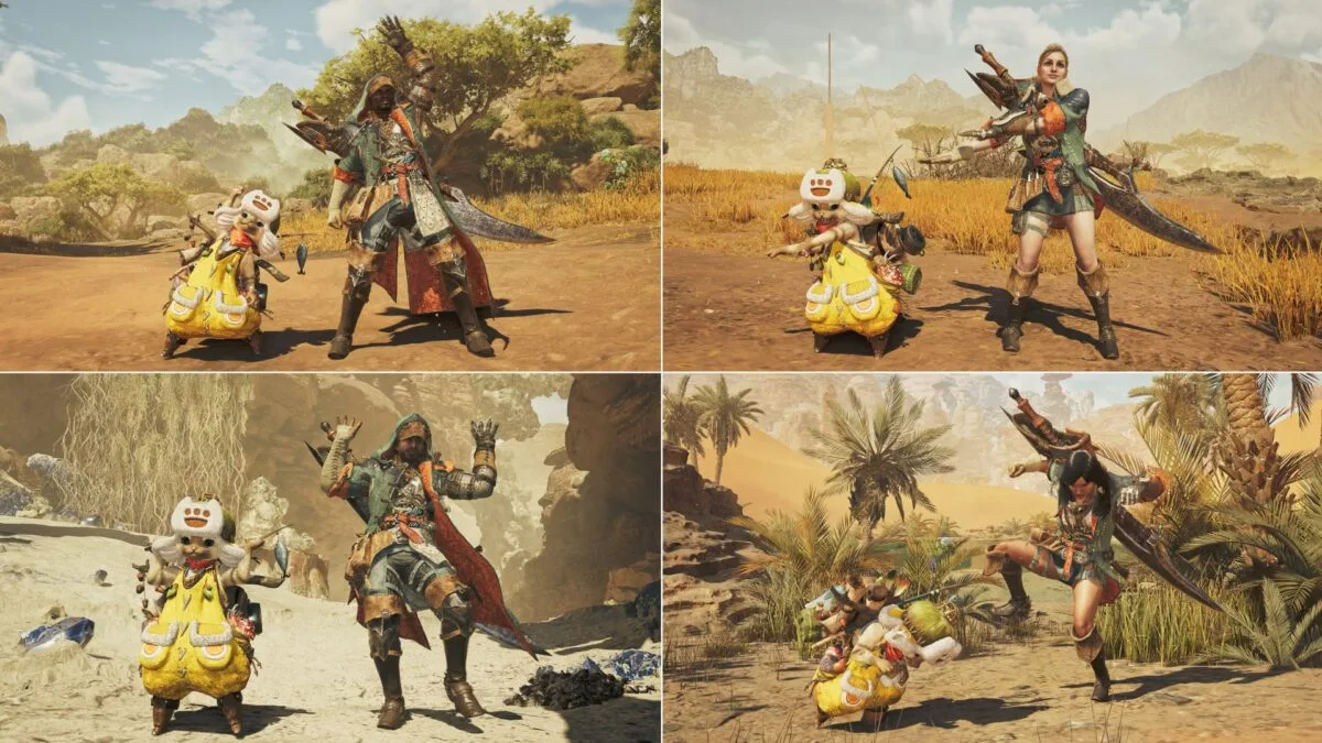 Mehrere Screenshots mit verschiedenen Moves vom Jäger und seinem Palico.