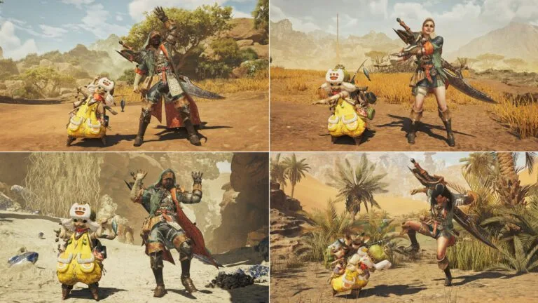 Mehrere Screenshots mit verschiedenen Moves vom Jäger und seinem Palico.