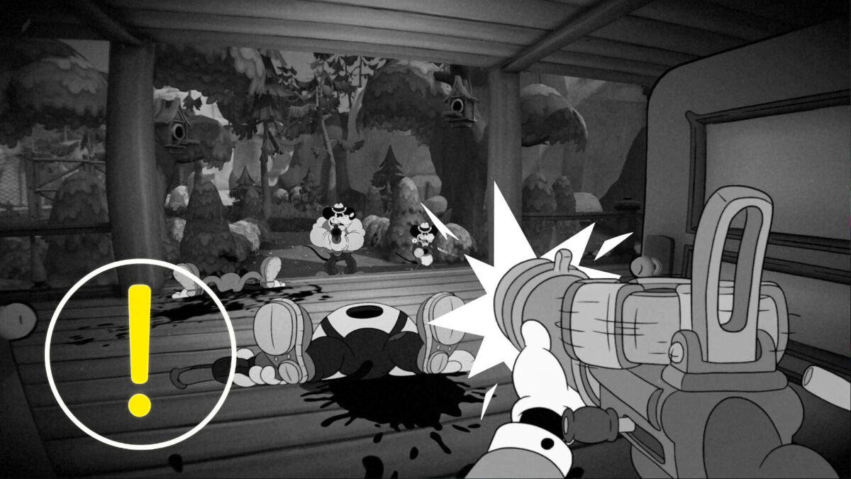 Ein schwarz-weiß Bild, bei dem einer mit einer Waffe auf jemanden zielt.