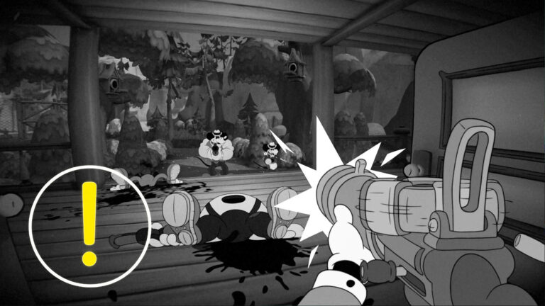 Ein schwarz-weiß Bild, bei dem einer mit einer Waffe auf jemanden zielt.