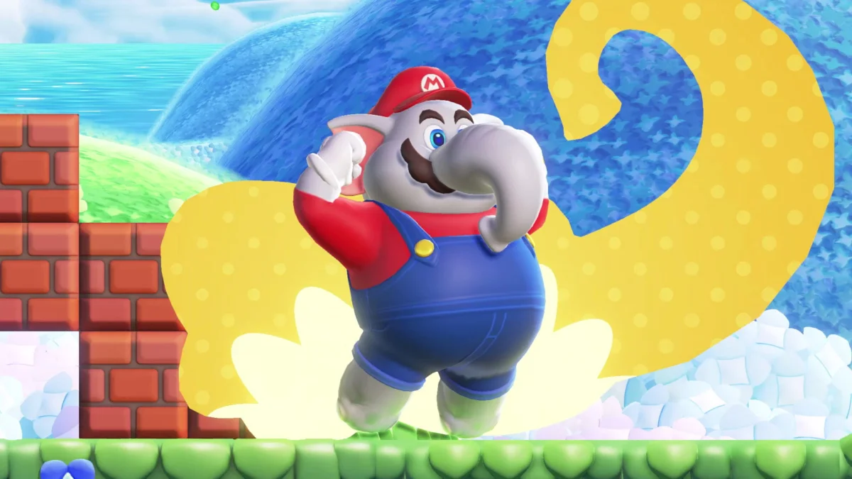 Ein Ausschnitt aus Super Mario Bros. Wonder zeigt Mario als Elefanten.