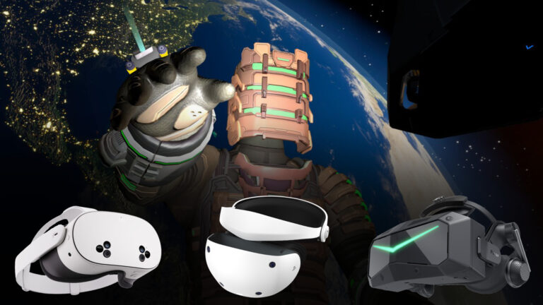 Ein Astronaut gleitet hilfesuchend durch den Orbit. Vor ihm drei VR-Brillen.