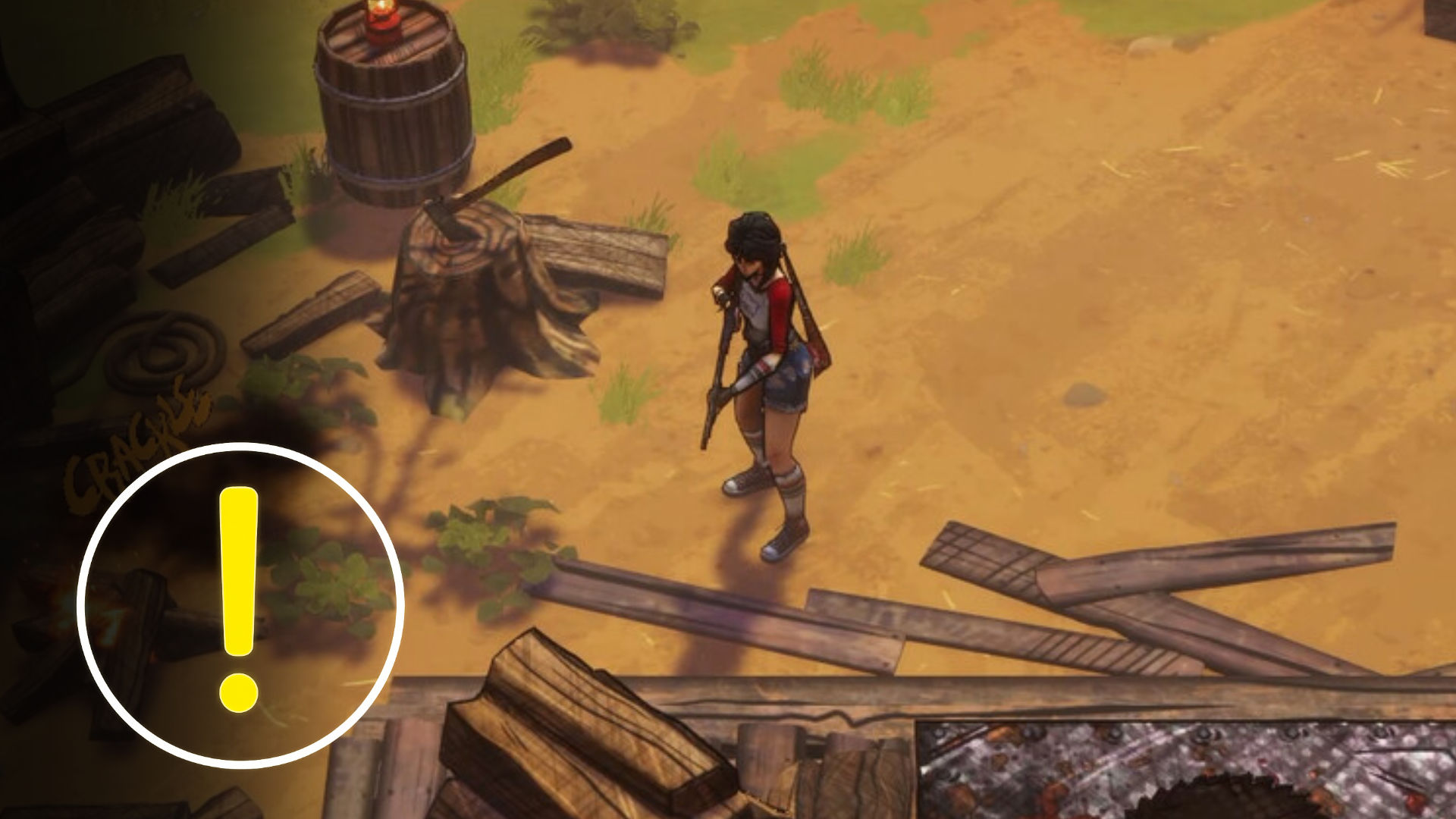 Isometrische Spielszene: Bewaffnete Spielfigur erkundet verlassene Werkstatt, Ausrufezeichen markiert wichtige Aktion oder Quest in Survival-Game.