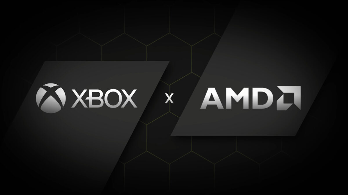 Schwarzes Bild mit den beiden Logos von Xbox und AMD.