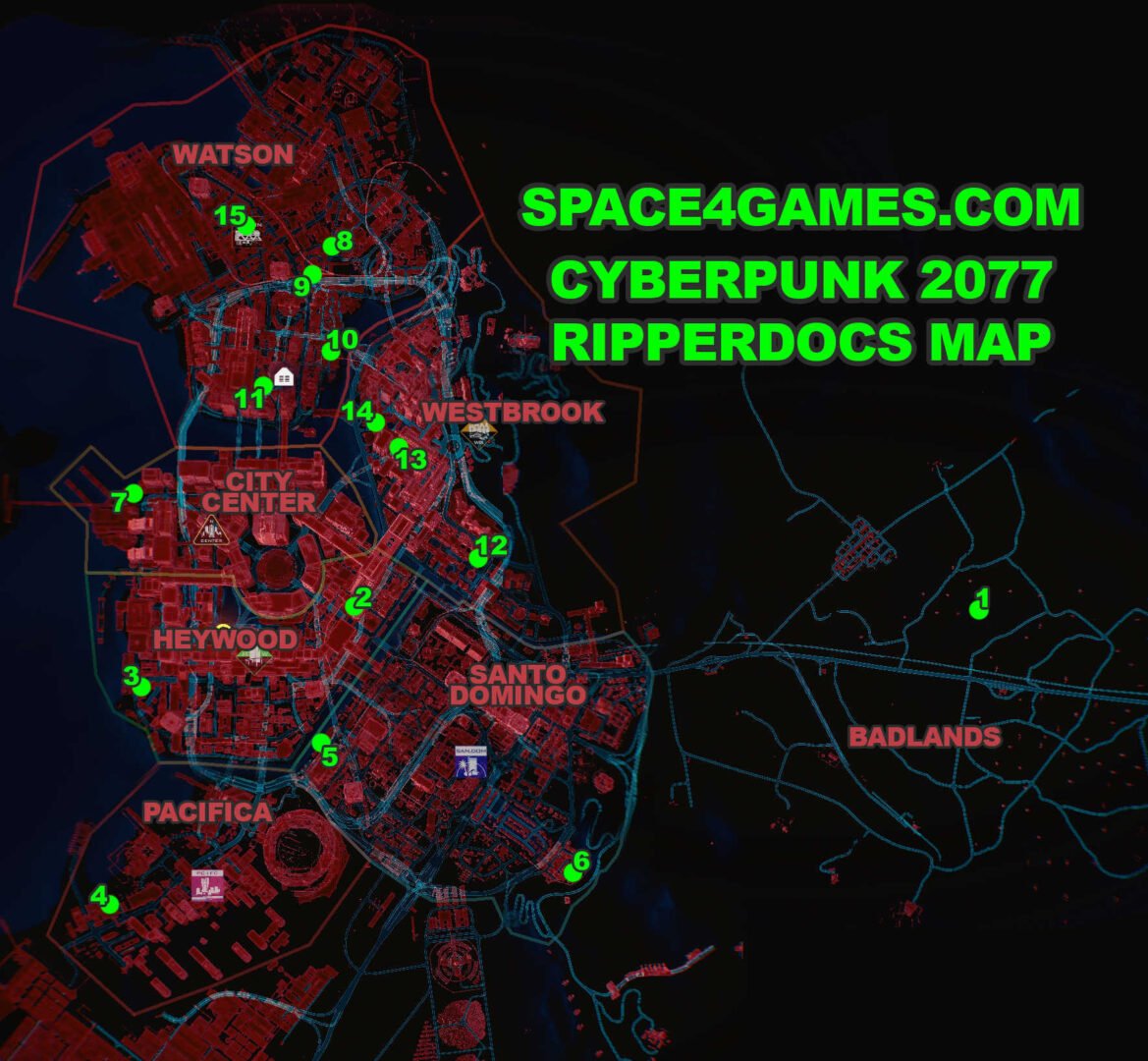 Map of Night City with location of all Ripperdocs in Cyberpunk 2077