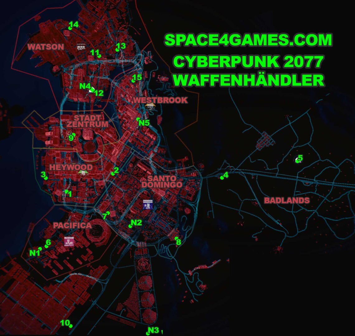 Karte von Night City mit allen Waffenhändlern in Cyberpunk 2077