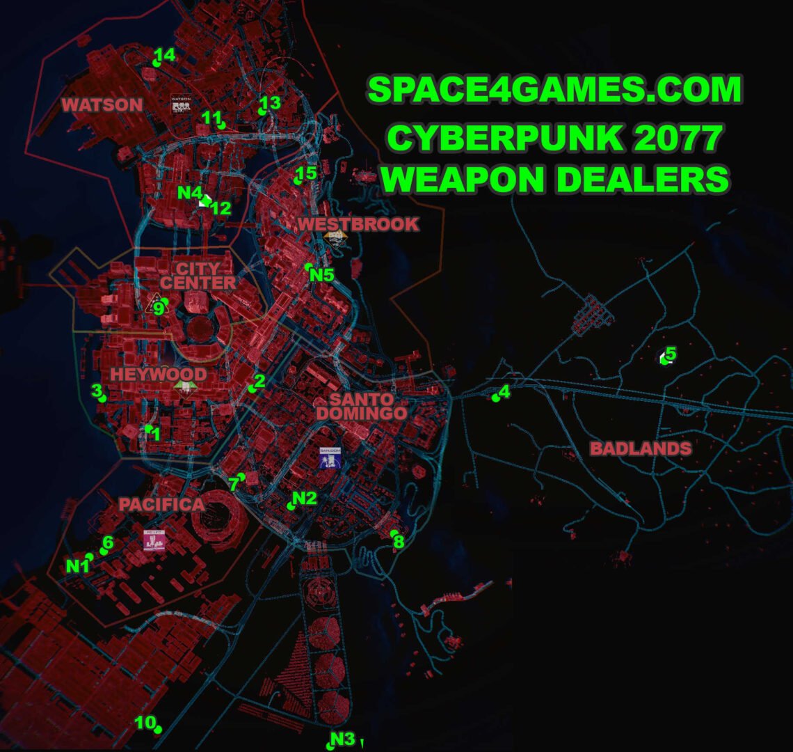 Map of Night City with all Weapon Dealer in Cyberpunk 2077