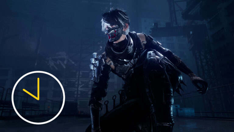 A crouching man with black and white hair and a mask on.