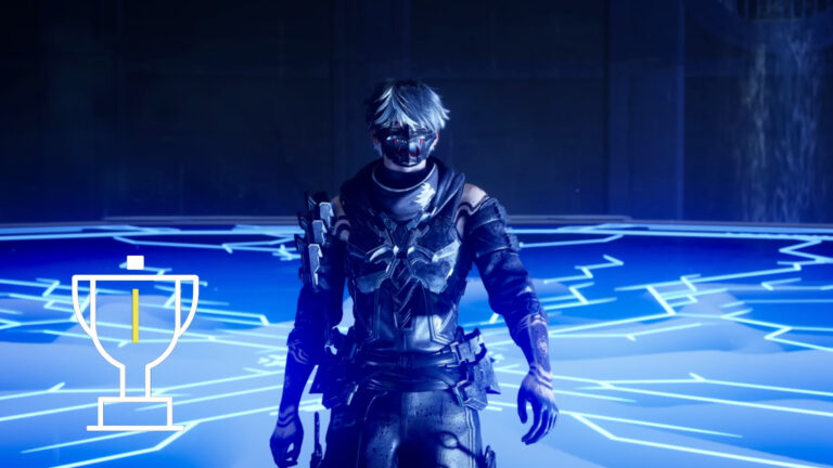 A man wearing a mask runs across a blue glowing surface.