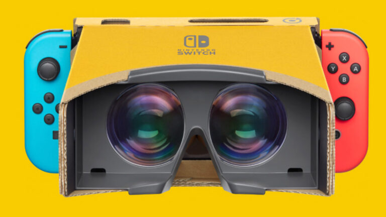 Eine Nintendo Switch, die in der Pappkarton-VR-Brille Labo steckt.
