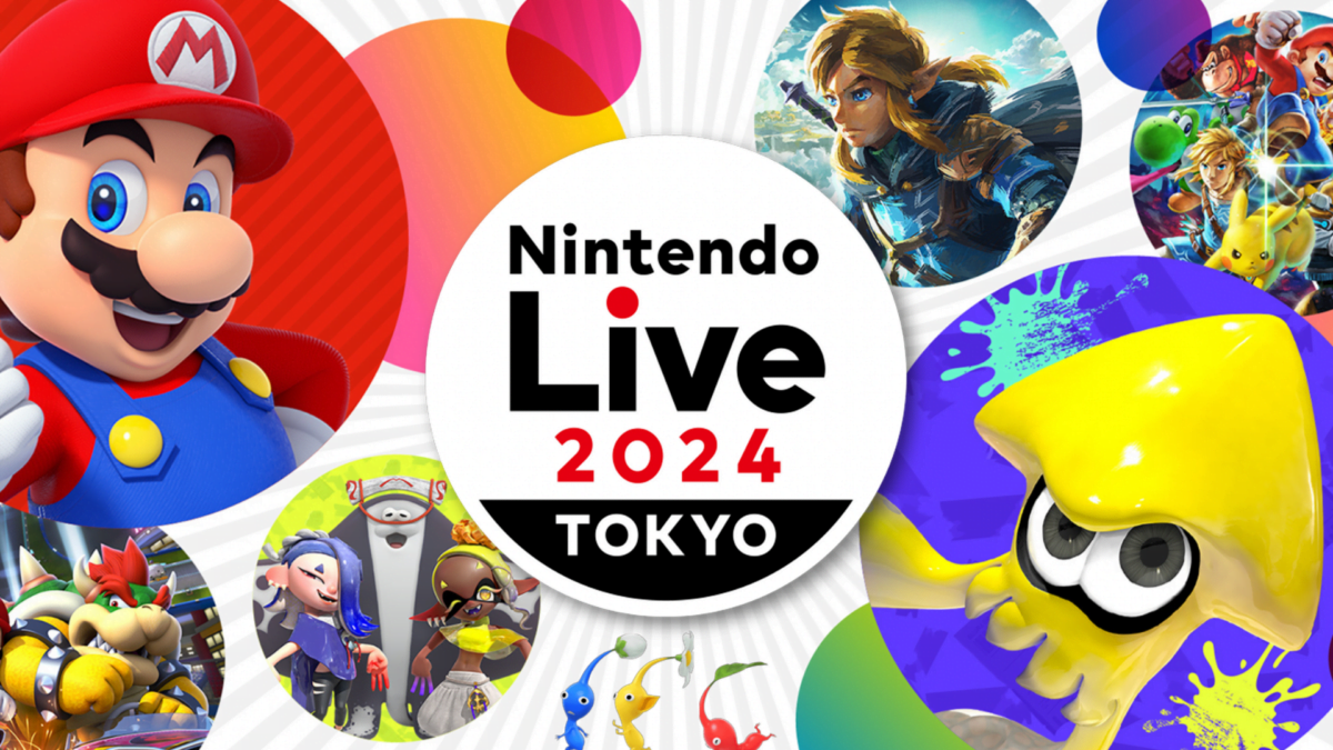 Nintendo Live 2024-Logo mit Mario, Link und weiteren Nintendo-Charakteren.