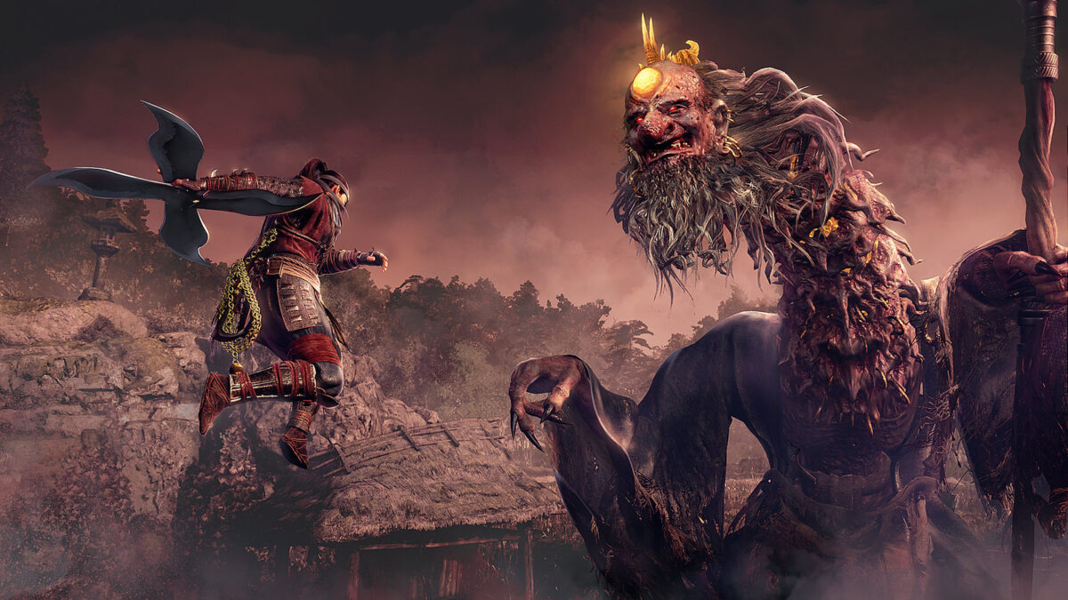 Eine Szene aus Nioh 3 zeigt, wie ein Samurai mit riesigem Wurfstern gegen ein gigantisches Monster kämpft.