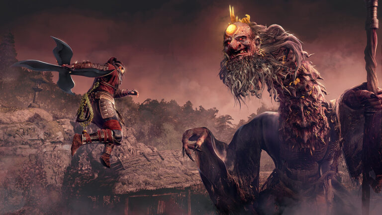 Eine Szene aus Nioh 3 zeigt, wie ein Samurai mit riesigem Wurfstern gegen ein gigantisches Monster kämpft.