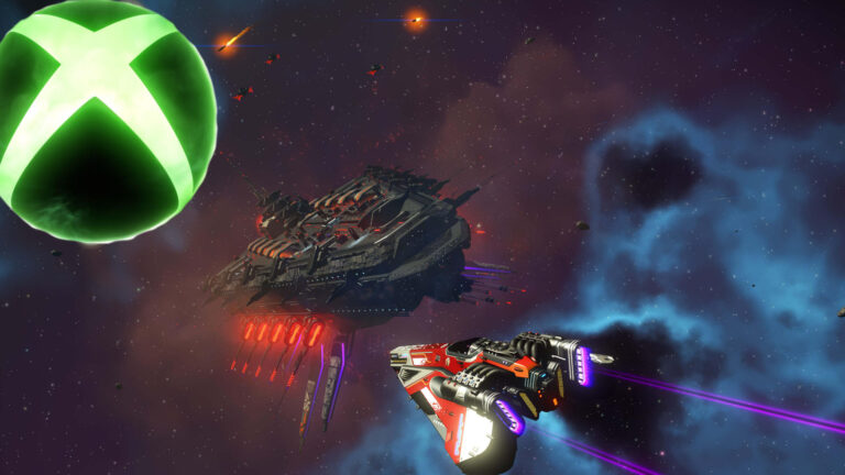 Eine Weltraumschlacht zeigt zwei Sternenschiffe, die einen Planeten angreifen, der wie das Xbox-Logo aussieht.