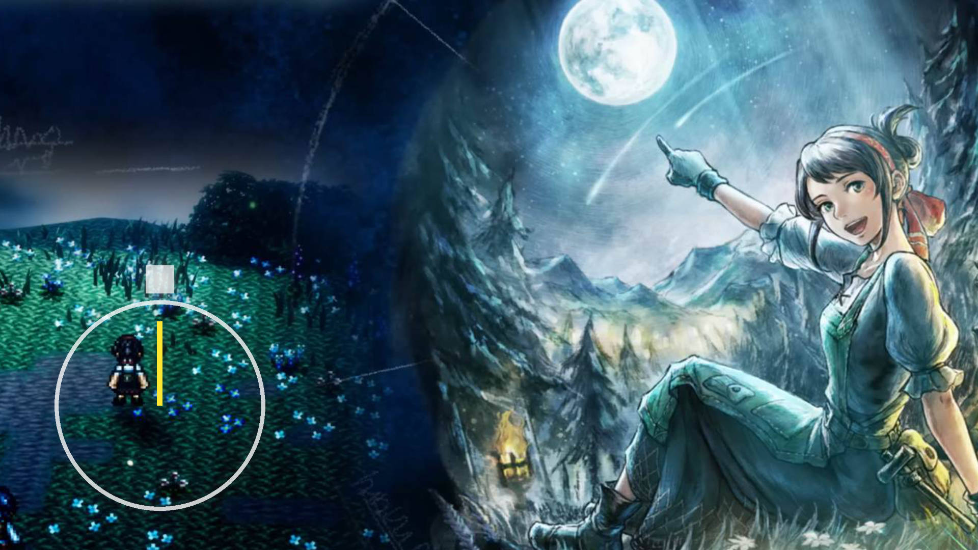 A girl points toward the moon, alongside a 2D pixel-art view of a character.