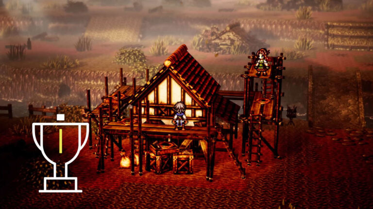 Zwei Personen stehen an einem Holzhaus in Octopath Traveler 0.