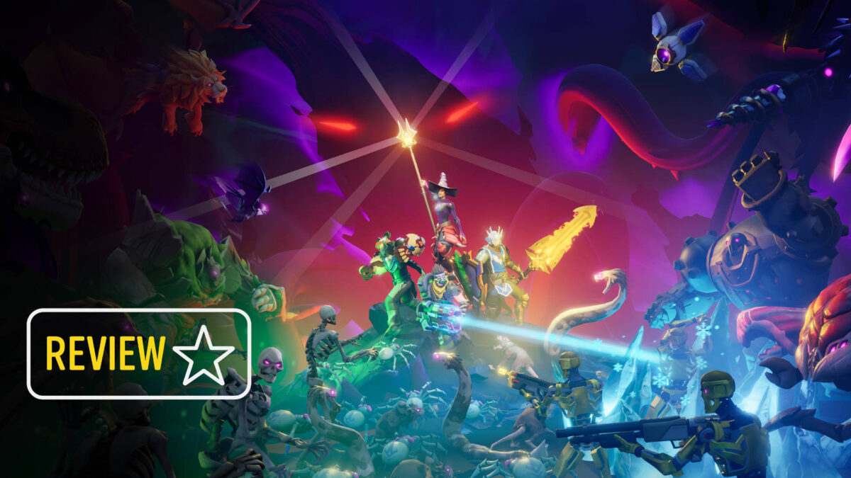 Review-Artwork zu Out of Time: Helden kämpfen in epischer Schlacht gegen Monster und Roboter – bunte Action, Fantasy- und Sci-Fi-Elemente vereint.