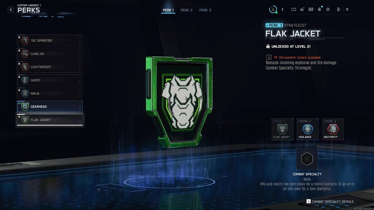 Perk-Menü aus Black Ops 7: In der Mitte schwebt das grün umrandete Flak-Jacket-Symbol mit gepanzerter Maske; links eine Liste weiterer Perks, rechts Freischaltinfos, Beschreibung zur Schadensreduktion sowie die Perk-Slots 1–3.