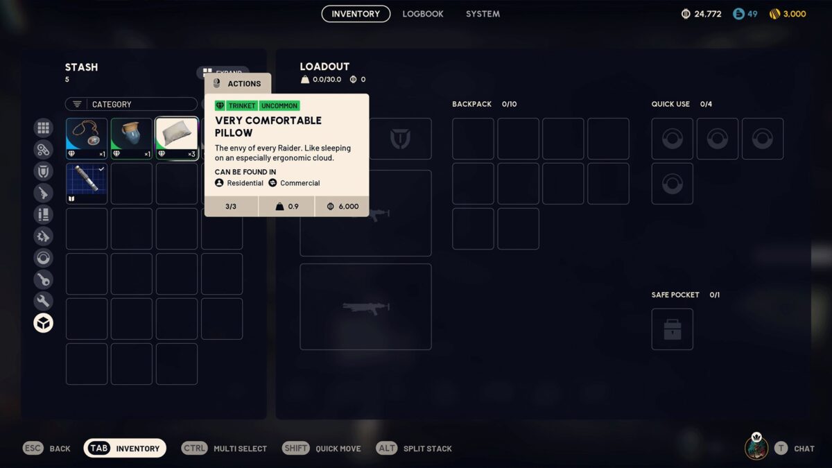 Anzeige des Inventarmenüs mit hervorgehobenem Gegenstand „Very Comfortable Pillow“, einem ungewöhnlichen Schmuckstück, das in Wohn- und Geschäftsgebieten gefunden werden kann – Spielszene aus ARC Raiders.