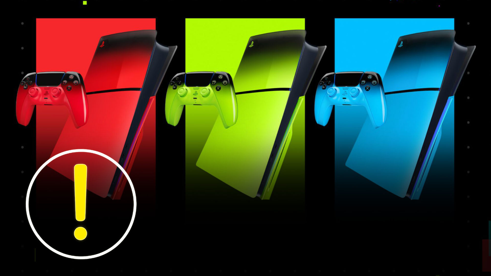 PS5 Hyperpop Collection – A PlayStation 5 showcased with DualSense controllers in red, green, and blue, featuring a bold neon aesthetic and glossy finishes for a standout, style-forward gaming setup.