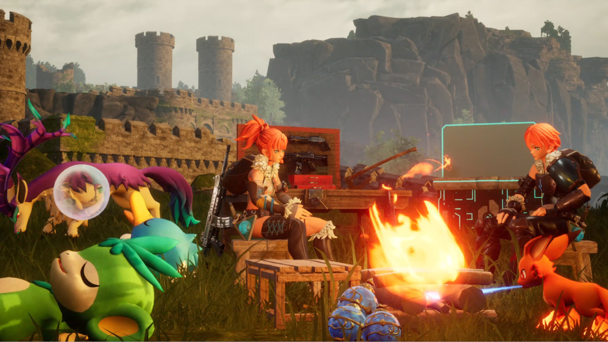 Ein Screenshot aus Palworld zeigt ein Lager mit einer weiglichen Spielfigur und verschiedenen Pals.