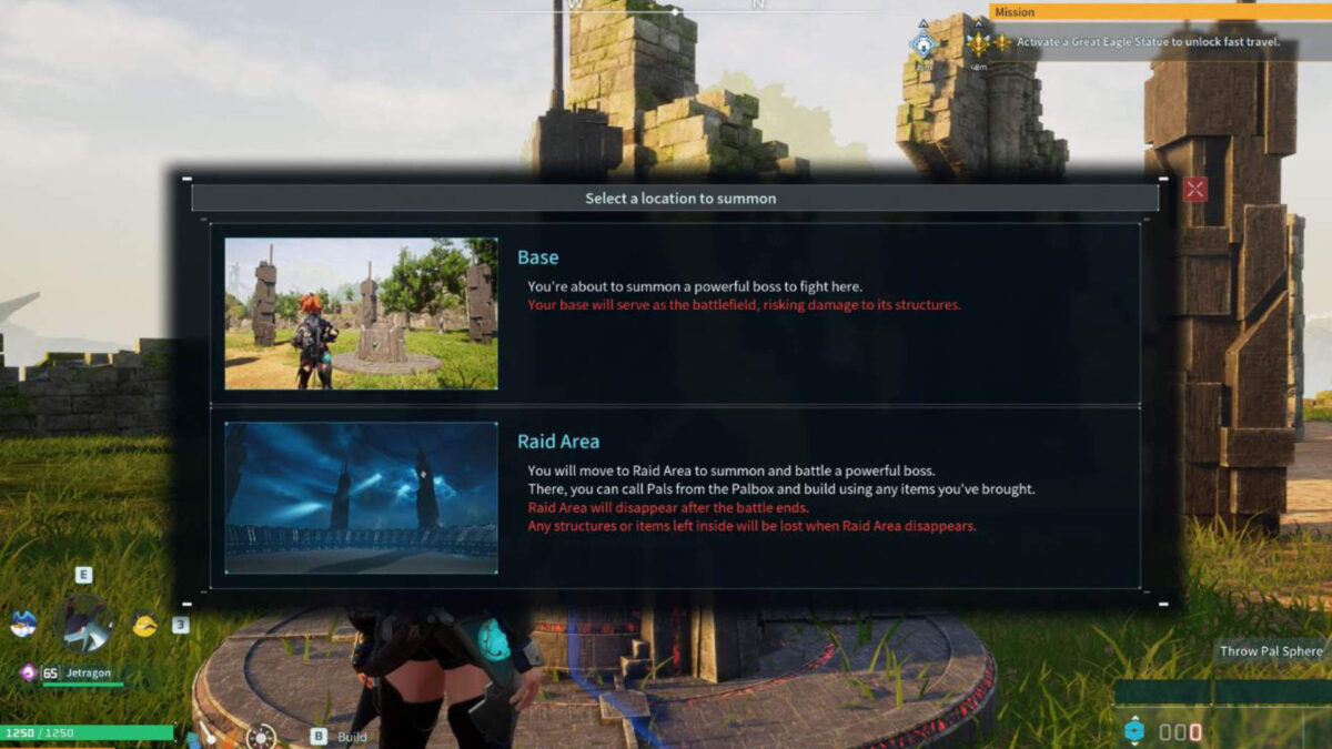 Menüübersicht mit der Auswahl, ob der Kampf in der Basis oder im Raid-Gebiet stattfinden soll.