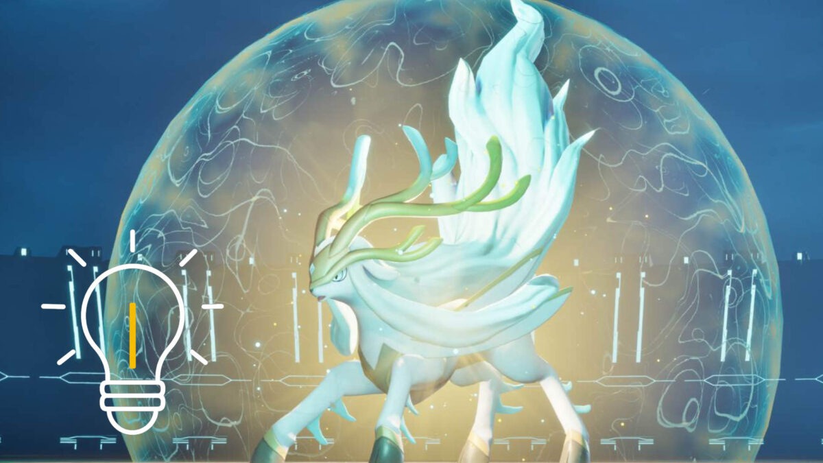 Ein weißes Pal mit großem Geweihn in einer Art Schutzblase.