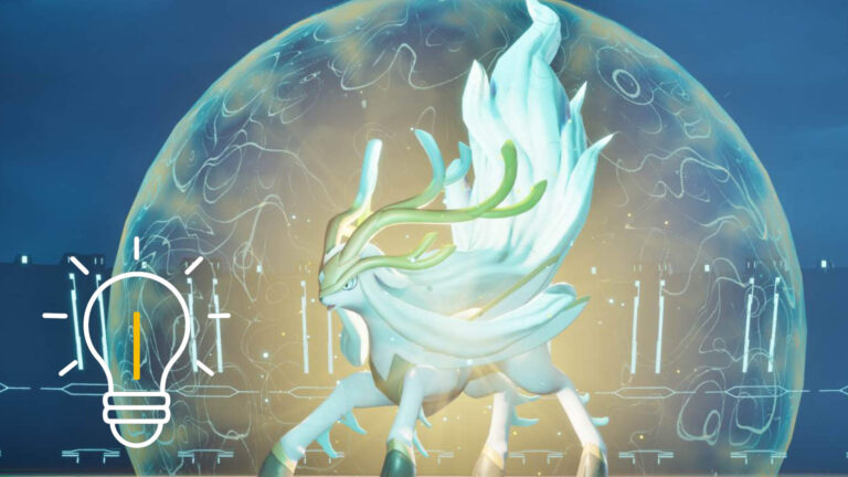 Ein weißes Pal mit großem Geweihn in einer Art Schutzblase.