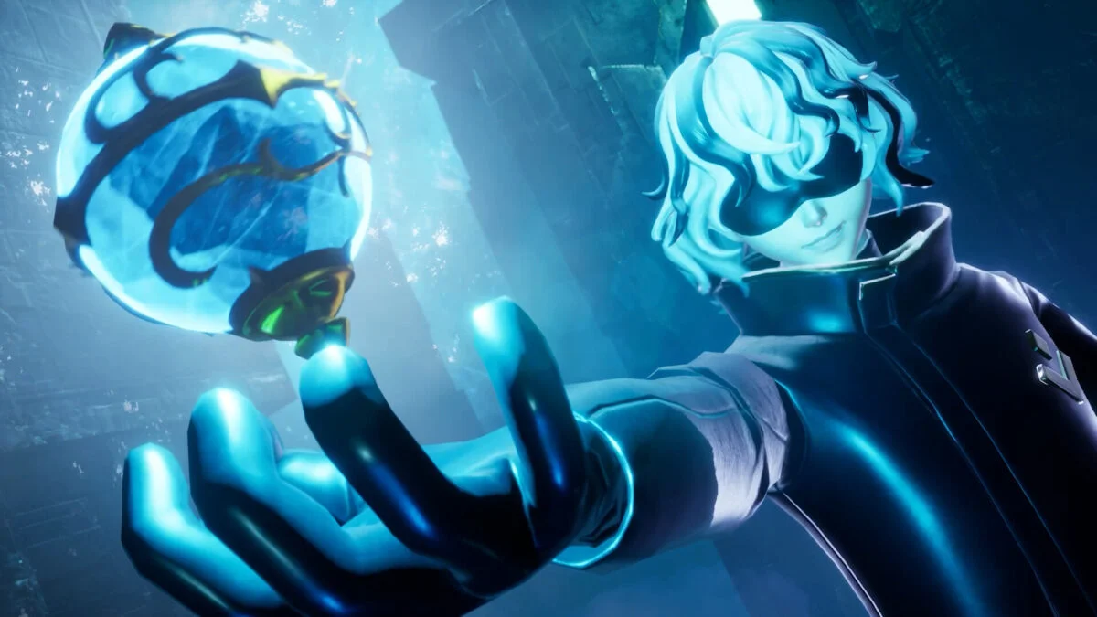 Ein Ausschnitt aus dem Spiel Palworld zeigt einen jungen Mann, der eine blaue Pal-Sphäre in der Hand hält.