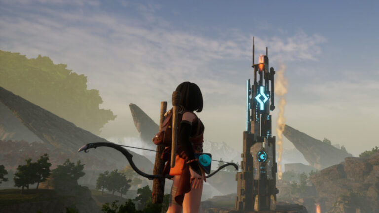 A character with a bow looks up at a tall futuristic tower glowing with blue symbols in Palworld.