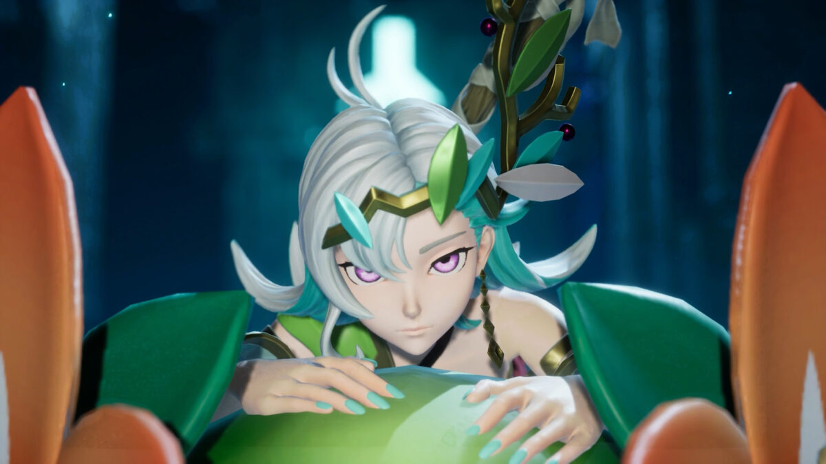 A girl with green leaves in her white hair.