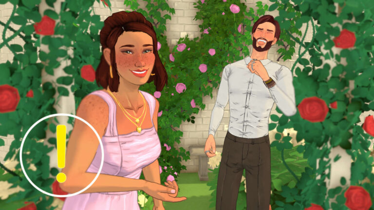 Eine Frau in rosa Kleid und ein lachender Mann stehen vor einem Rosenbusch.