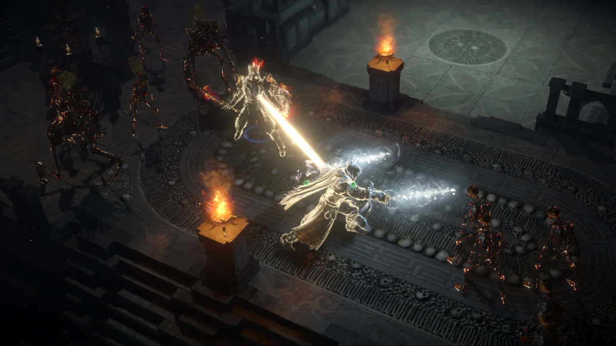 Zwei Spieler sind in Path of Exile durch einen Link-Skill miteinander verbunden