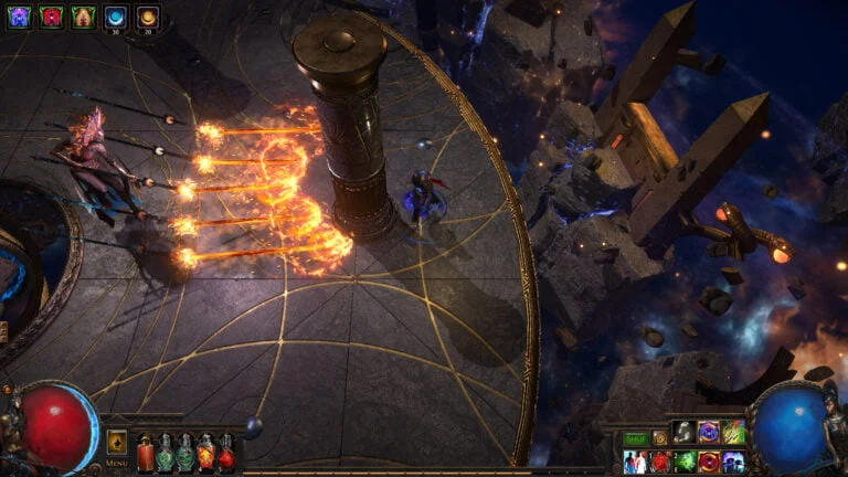 Bosskampf im Path of Exile mit Mehrfachschuss auf Charakter, der sich hinter einer Säule versteckt